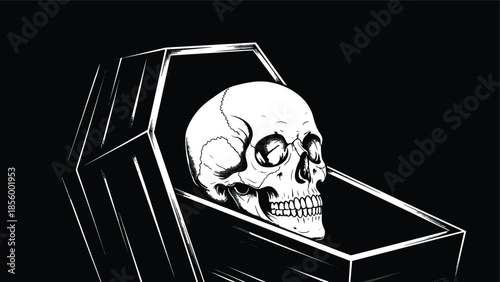 Gothic human skull with lizard crawling on it black and white stippling art vector illustration cad drawing flat vector illustration