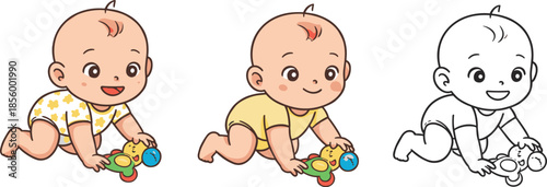 Cute cartoon baby crawling with toy rattle, happy infant illustration, newborn character design, children coloring page, toddler activity vectorCute cartoon baby crawling with toy ra