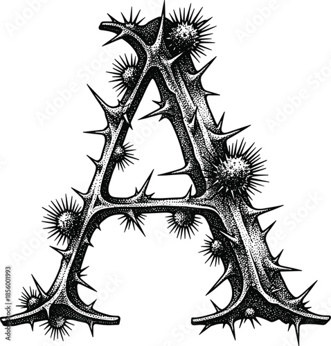 Gothic letter A stippling art vector illustration featuring sharp thorns and prickly burrs in black and white cad drawing flat vector illustration