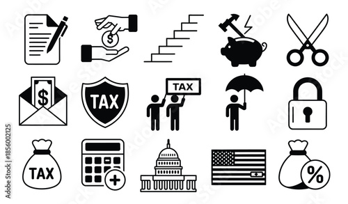 filing, savings, and government finance processes linear icons representing various tax related concepts including revenue service, return preparation, legal documents, and fiscal policy vector illust