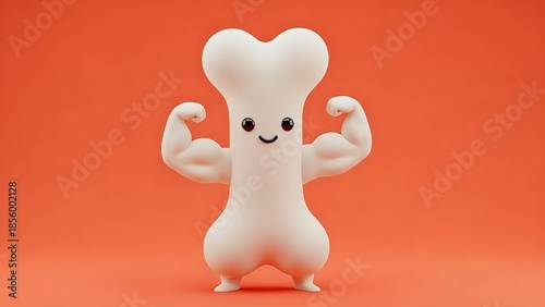 A cute cartoon bone character flexing strong muscles on a vibrant orange background.