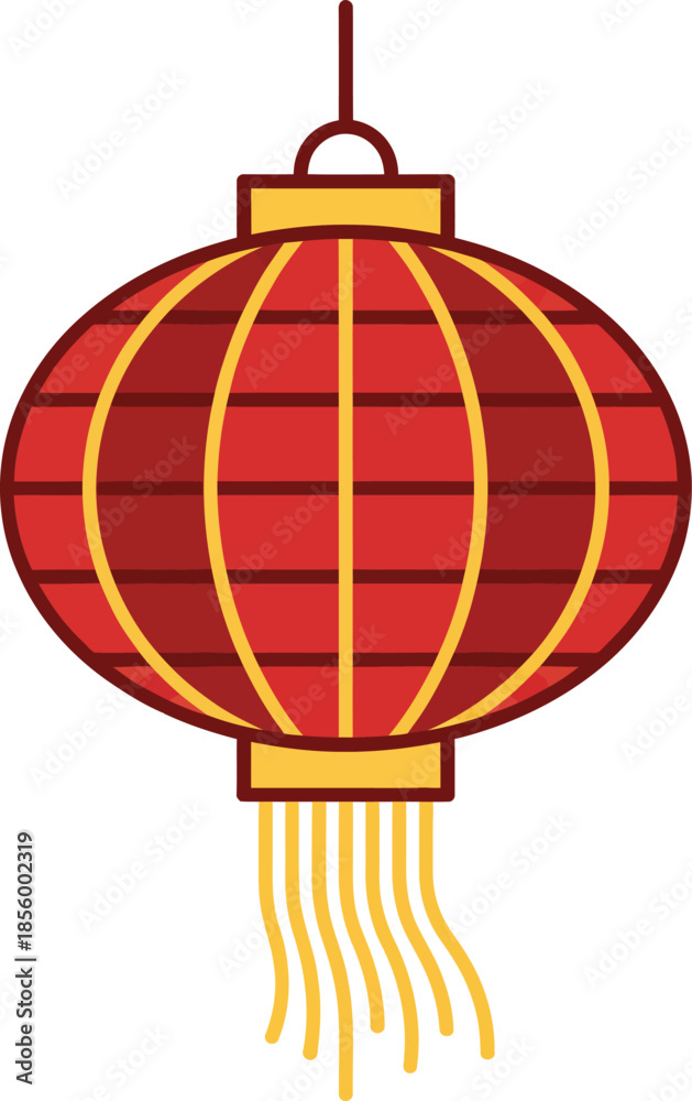 Fototapeta premium A vibrant red Chinese lantern with yellow accents hanging from a string, symbolizing good fortune and prosperity during the Chinese Lunar New Year