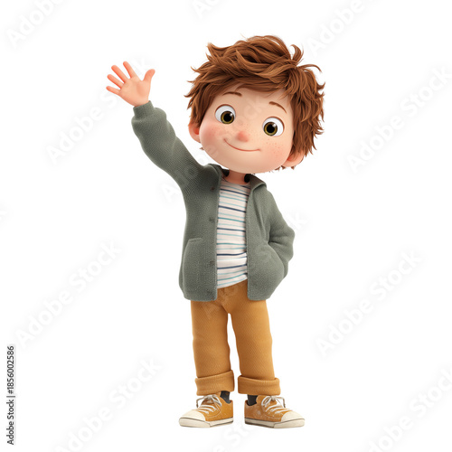 A charming 3d animated boy with messy brown hair smiling and waving his hand happily