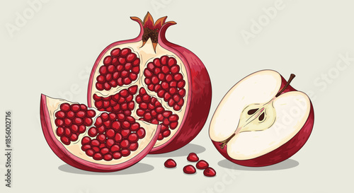 Still life illustration of a whole ripe pomegranate next to a slice of red apple showing interior seeds and core details.