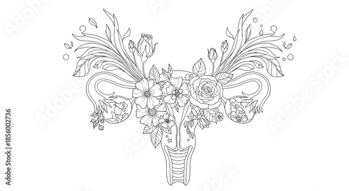 Artistic representation of the female reproductive system decorated with an array of blooming flowers and elegant leaves for health awareness.