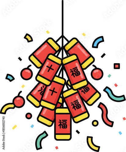 A festive illustration of red Chinese firecrackers exploding with colorful confetti and decorations Chinese / Lunar New Year