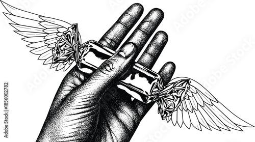 Hand holding a wrapped candy piece with bird wings flying in palm black and white engraving style vector illustration isolated