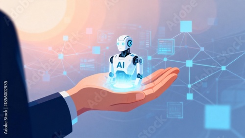 Human hand holding AI robot with network connections