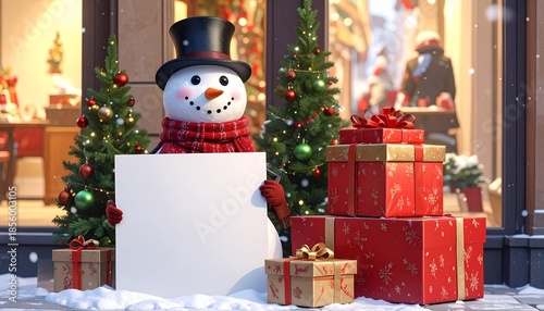 snowman in a city with gifts holding an empty sign. Template
