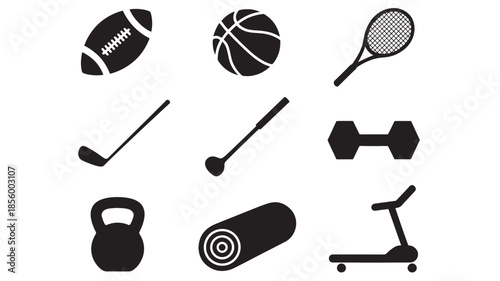 A collection of sports and fitness equipment icons displayed against a white background