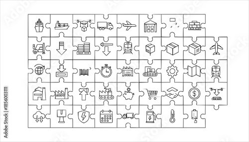 Logistics and supply chain line icons in puzzle pattern. Vector delivery, shipping, warehouse, and transportation symbols connected as jigsaw pieces isolated on white background.