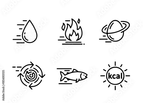 Metabolism and nutrition line icon set. Vector illustration of hydration, calorie burning, protein, digestion, and energy symbols isolated on white background.