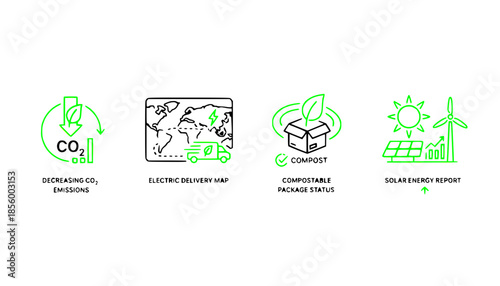 Sustainable energy and green logistics icon set. Vector line art with neon green accents featuring CO2 reduction, electric delivery map, compostable box and solar power report.