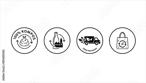 Eco friendly recycling and sustainability icon set. Vector collection featuring compost, glass bottle cycle, zero emission truck and reusable bag. Circular black line symbols isolated on white