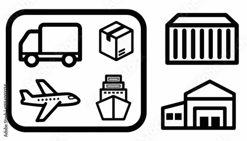 Logistics and shipping delivery icon set. Vector collection of heavy black outline symbols including truck, airplane, cargo ship, container and warehouse. Transportation graphics isolated on white.