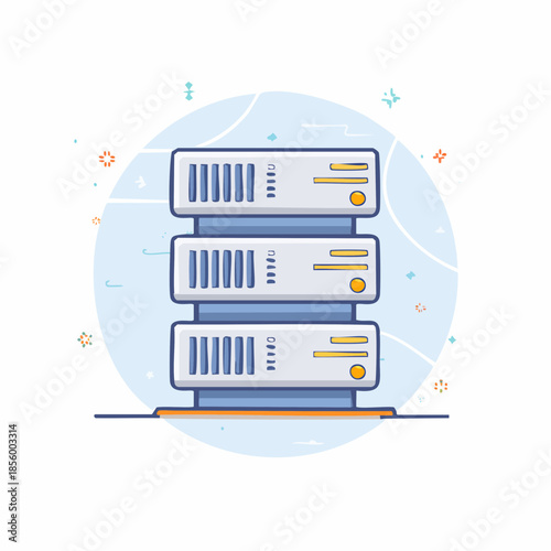 Illustration of a modern data server rack with multiple units for cloud storage and computing