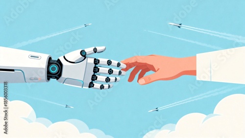 Human and robot hands reaching sky