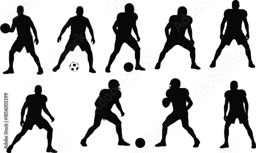 PrintSilhouette vector illustration of football and soccer players in action poses, sports athlete design, training movement artwork, competitive game collectionSilhouette vect