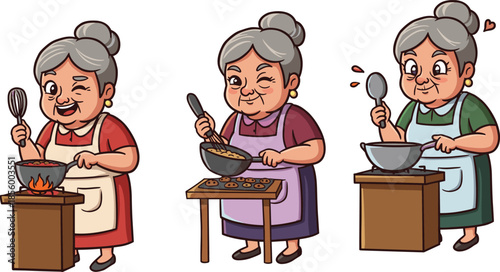 Grandmother cartoon cooking illustration, senior woman chef preparing food, funny kitchen vector, baking cookies, stirring bowl, happy grandma culinary artworkGrandmo