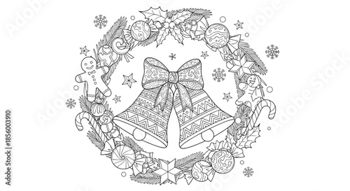 Detailed Christmas bells coloring page featuring a festive wreath with gingerbread men ornaments stars and candy canes.