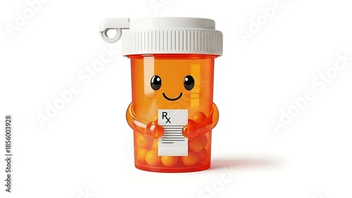 Happy orange medicine bottle character holding a prescription on white background.