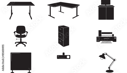 Office equipment and furniture silhouetted against a white background, viewed from directly above.