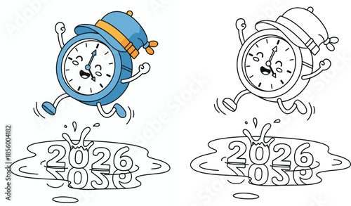 A cartoon character jumping into a puddle while reflecting on the 2026 New Year's clock
