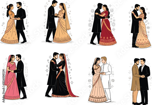 PrintIndian wedding couples in traditional attire celebrating love, marriage rituals, and romance - cultural bride groom illustration vector setIndian weddin