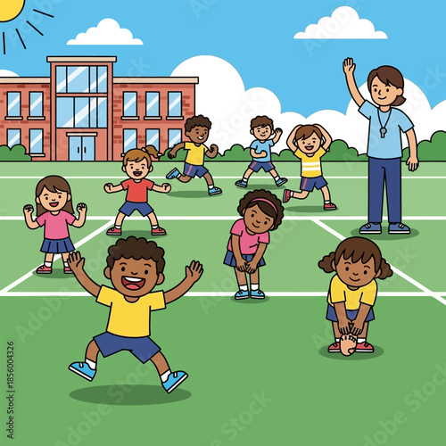 Active children enjoying physical education class on a sunny day at school with their teacher leading exercises