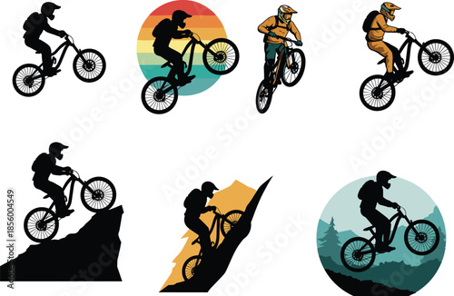 Mountain bikers riding bicycles, downhill cycling, extreme sports adventure, outdoor activity, trail riding, dirt biking, silhouette and colorful vector illustrationMountai