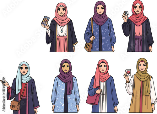 Muslim women illustration wearing hijab in casual modern outfits holding phone and accessories, stylish Islamic fashion vector art character setMuslim women illustration wea