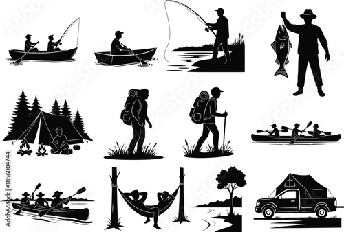 Outdoor camping, fishing, kayaking, hiking, hammock relaxing, adventure travel, summer vacation, wilderness lifestyle, tent camping, camper truck vector illustrationOutdoor campin