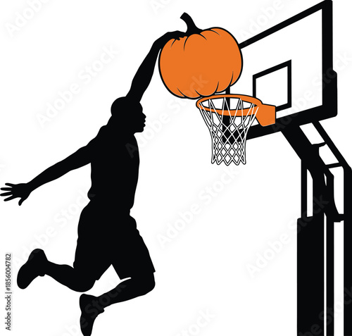 Halloween basketball dunk silhouette with pumpkin ball, spooky sports action concept, black vector illustration for festive seasonal design
