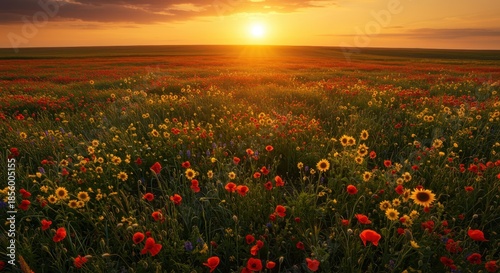 Vibrant field of mixed wildflowers illuminated by the setting sun on the horizon