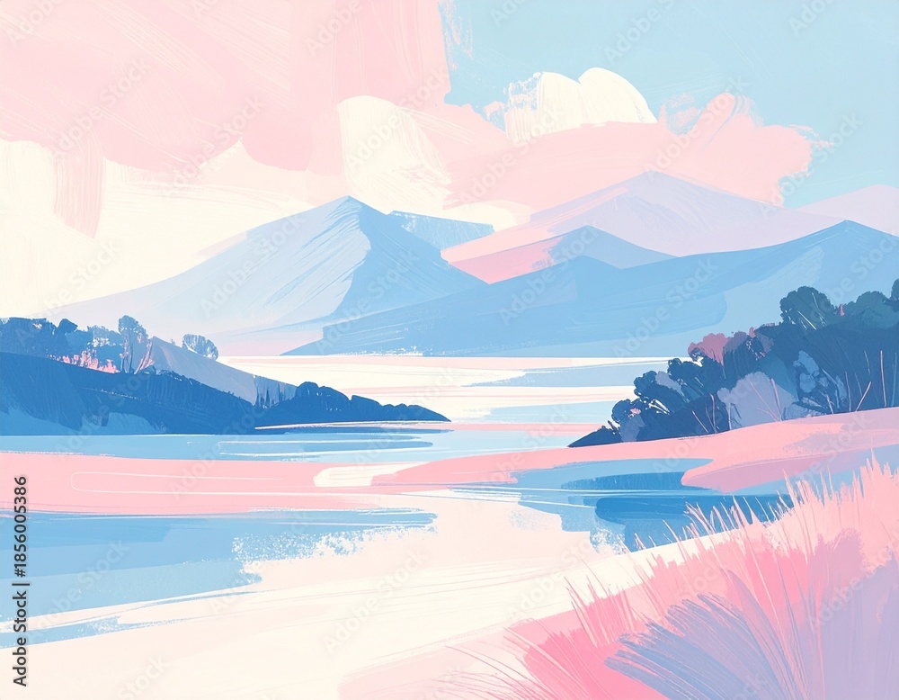 Fototapeta premium Pastel abstract landscape with calm lake and distant mountains