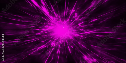 A bright abstract purple fractal background features a glowing explosion of light and pink stars, creating a digital motion pattern with a shine of energy against a dark space texture