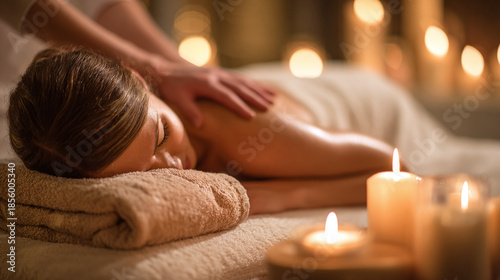 A woman is enjoying a back massage in a spa, bathed in the warm glow of candlelight, for ultimate relaxation and well-being. Relaxation and care.