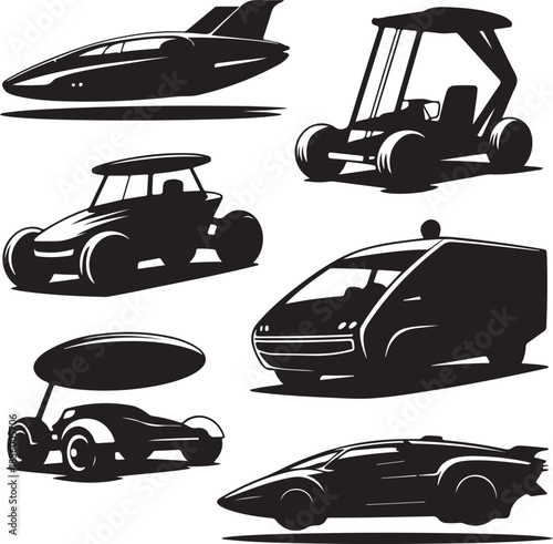 Futuristic concept vehicles and flying cars in modern design