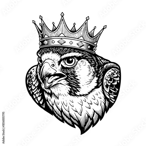 Hand Drawn Illustration of a Royal Falcon Wearing a King Crown