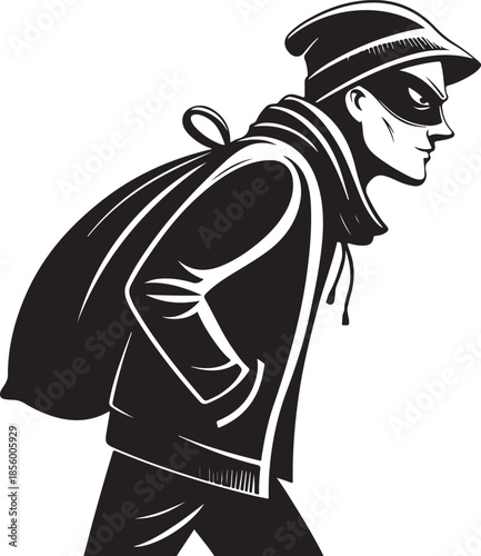 Robber Burglar in Mask with Sack Hand-drawn Sketch Drawing Vector Illustration, Line Linear Symbol Engraving Coloring Book, Black and White Isolated