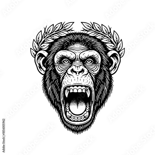 Engraving Style Roaring Chimpanzee Head with Laurel Wreath