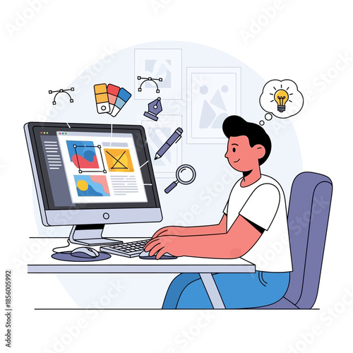 Creative graphic designer working on a computer, developing web pages and user interfaces with various digital tools, showcasing modern design process and innovative solutions