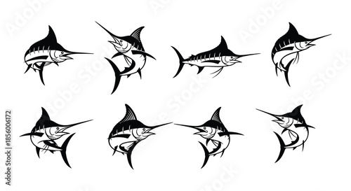 Multiple black and white illustrations of marlin fish heads in various positions