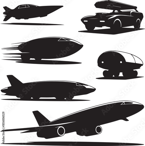 Collection of futuristic aircraft and vehicles in silhouette design