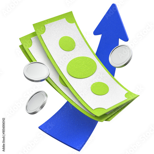 banknotes with coins and arrow