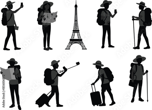 Tourists traveling with backpacks, maps, and luggage, sightseeing Eiffel Tower, hiking, exploring, taking selfies, vacation adventure, holiday journey illustrationTourists traveling