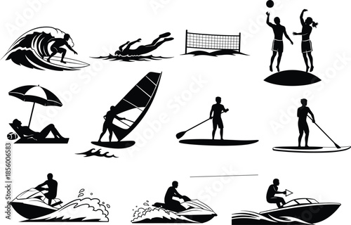 Summer beach and water sports silhouette vector collection, surfing, swimming, volleyball, windsurfing, paddle boarding, jet ski, boating activitiesSummer beach and water