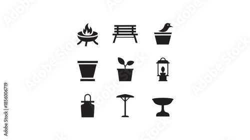 A collection of gardening tools and objects illustrated in a minimalist style