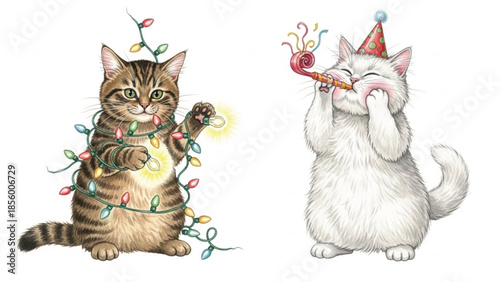Watercolor Funny New Year Cats, Christmas Lights Kitten and Party Celebration Cat, Cute Holiday Humor Illustration Set