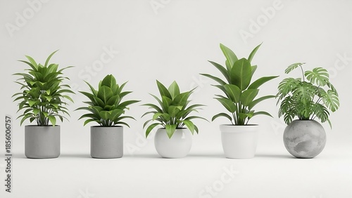 Five potted green houseplants with varying leaf shapes and planter styles including grey concrete, grey cylindrical, white round, white